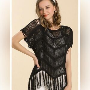 UMGEE NWT BOHO crochet Black Fringe Chevron TUNIC COVER UP Top